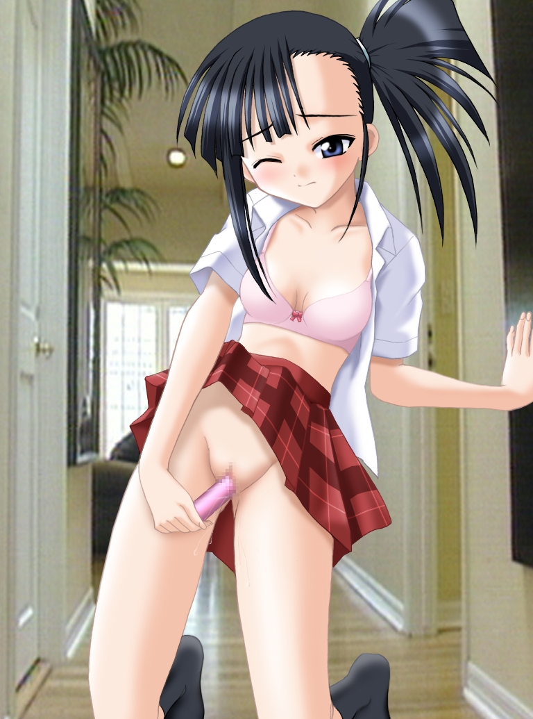 count zero, sakurazaki setsuna, mahou sensei negima!, third-party edit, 00s, 1girl, blue eyes, blush, bra, censored, clothes lift, dildo, female focus, female masturbation, lingerie, masturbation, no panties, object insertion, open clothes, open shirt, plaid clothes, plaid skirt, ponytail, pussy, pussy juice, school uniform, serafuku, sex toy, shirt, skirt, skirt lift, socks, solo, underwear, vaginal, vaginal object insertion