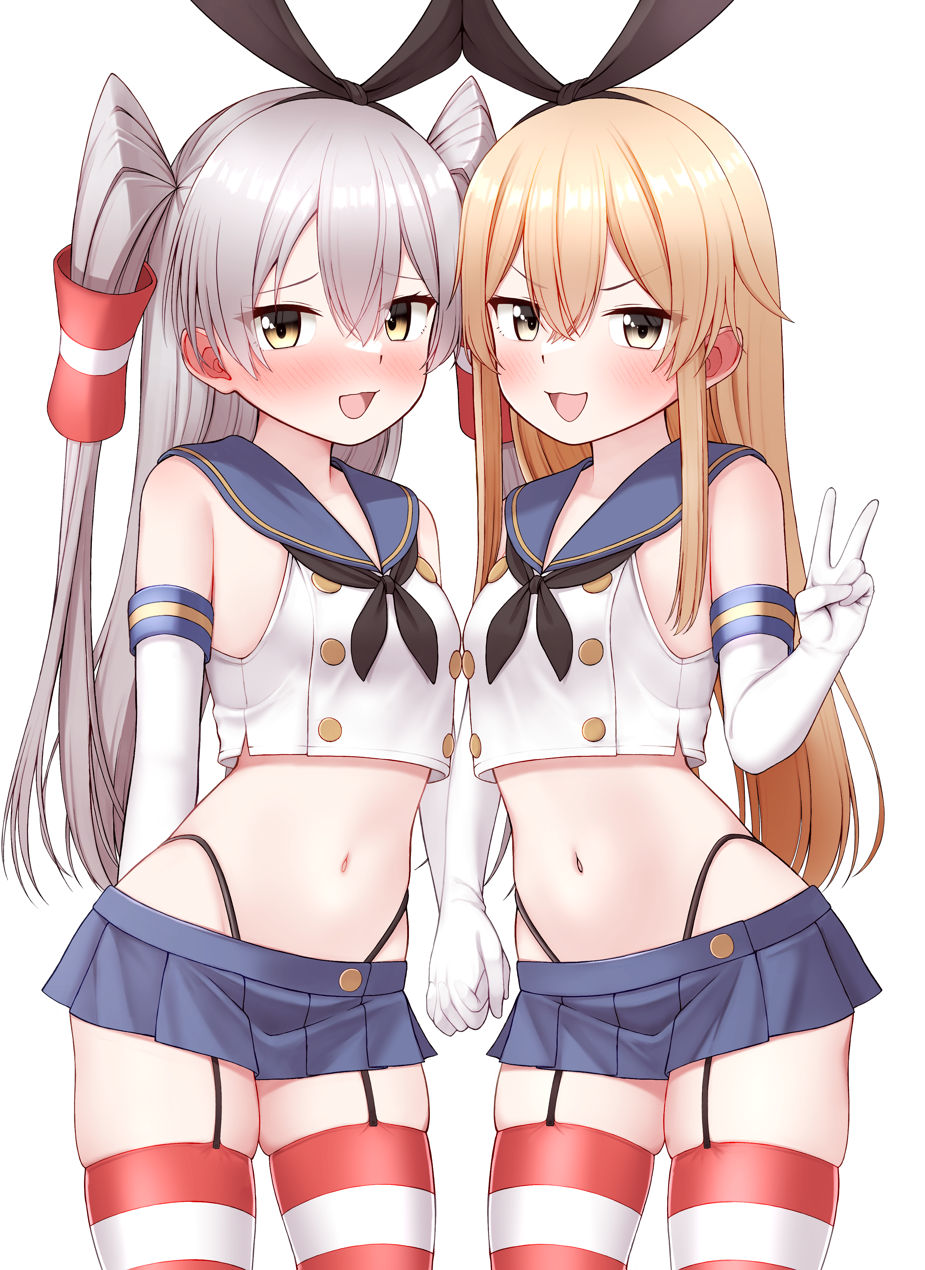 tiemu (man190), amatsukaze (kancolle), shimakaze (kancolle), kantai collection, absurdres, commentary request, commission, highres, skeb commission, 2girls, anchor hair ornament, black hairband, black neckerchief, black panties, blonde hair, blue sailor collar, blue skirt, blush, brown eyes, cosplay, cowboy shot, crop top, elbow gloves, garter straps, gloves, grey eyes, grey hair, hair ornament, hair tubes, hairband, highleg, highleg panties, holding hands, long hair, looking at viewer, matching outfits, microskirt, miniskirt, multiple girls, neckerchief, nose blush, panties, pleated skirt, sailor collar, shimakaze (kancolle) (cosplay), shirt, skirt, sleeveless, sleeveless shirt, striped clothes, striped thighhighs, thighhighs, two side up, underwear, white gloves