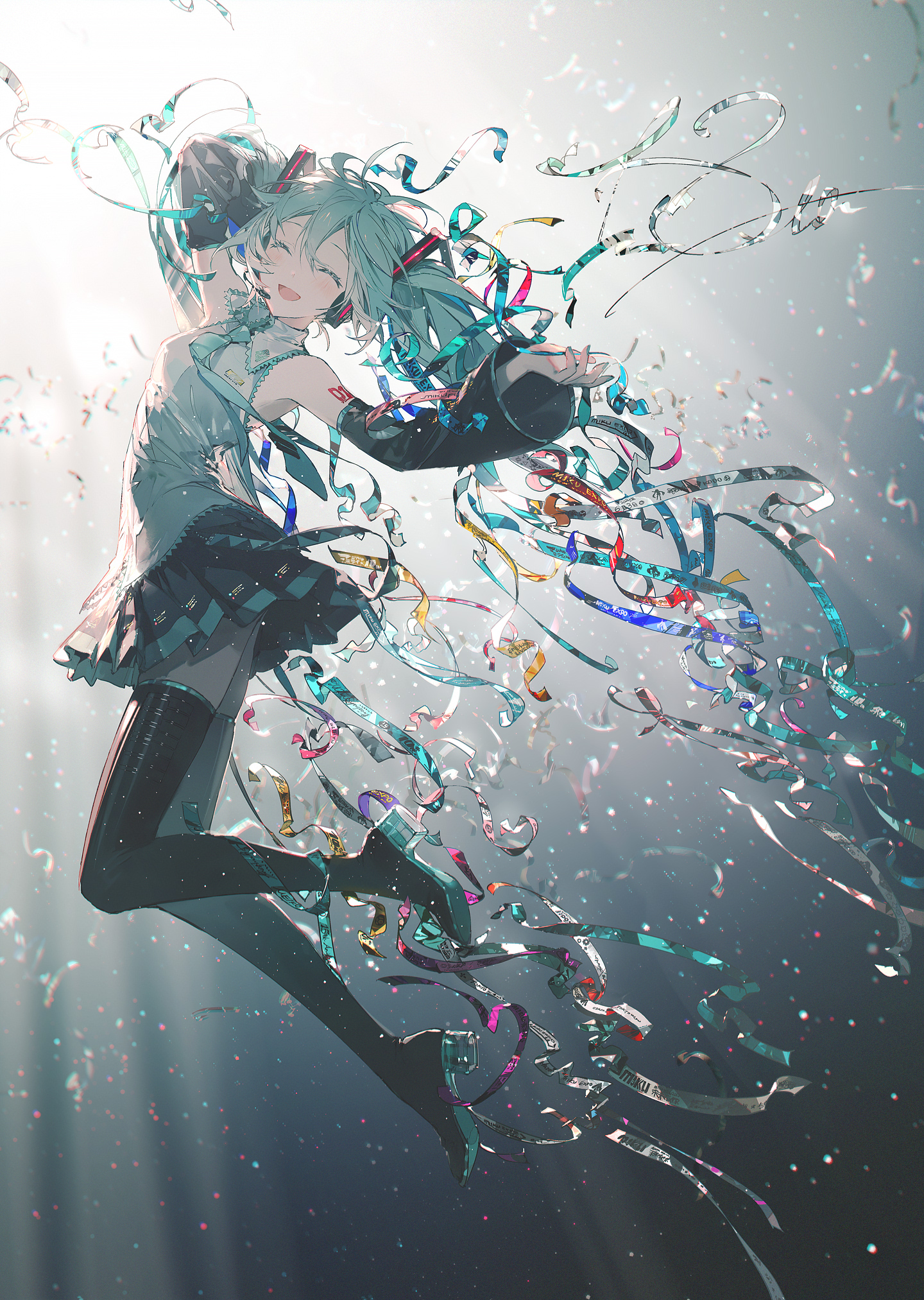 rella, hatsune miku, vocaloid, commentary, highres, 1girl, :d, ^ ^, bare shoulders, black boots, black skirt, black sleeves, blue hair, blue necktie, boots, closed eyes, collared shirt, confetti, detached sleeves, full body, grey background, grey shirt, long hair, long sleeves, miniskirt, necktie, number tattoo, open mouth, pleated skirt, shirt, shoulder tattoo, skirt, sleeveless, sleeveless shirt, smile, solo, tattoo, thigh boots, twintails