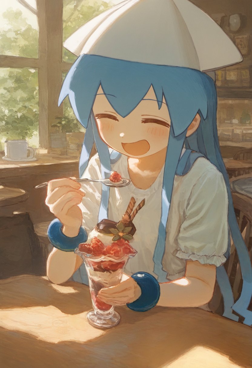 amesya2018, ikamusume, shinryaku! ikamusume, highres, 1girl, :d, ^ ^, blue hair, blush, bracelet, chair, closed eyes, food, hat, jewelry, long hair, open mouth, sitting, smile, solo, spoon, tentacle hair