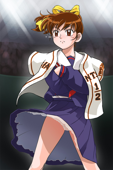 haruyama kazunori, miracle giants domu-kun, 1980s (style), 1girl, bow, brown hair, crossed arms, female focus, frown, hair bow, lace, lace-trimmed panties, lace trim, long skirt, oldschool, panties, pantyshot, pleated skirt, ponytail, red eyes, retro artstyle, school uniform, serafuku, skirt, solo, tears, underwear, white panties, wind, wind lift