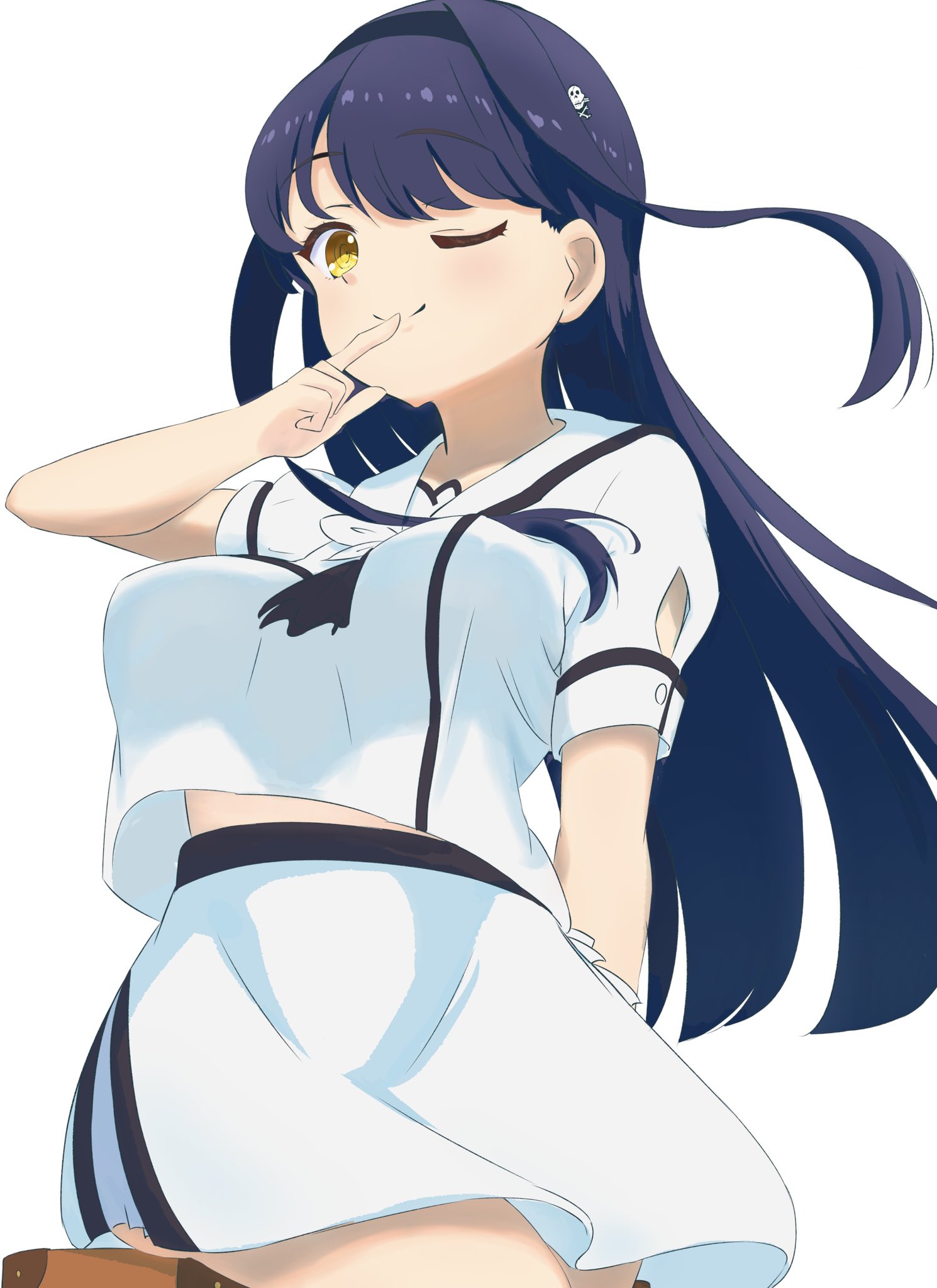 domotteru, kushima kamome, summer pockets, commentary request, highres, 1girl, ;), ascot, ascot between breasts, black ascot, black hair, blush, closed mouth, cowboy shot, finger to mouth, floating hair, from behind, hair between eyes, hand up, index finger raised, long hair, looking at viewer, looking down, midriff peek, miniskirt, official alternate costume, one eye closed, puffy short sleeves, puffy sleeves, ringed eyes, school uniform, serafuku, shirt, short sleeves, sidelocks, simple background, sitting, skirt, skull and crossbones, smile, solo, split mouth, straight hair, summer pockets school uniform, very long hair, white background, white serafuku, white shirt, white skirt, wind, yellow eyes