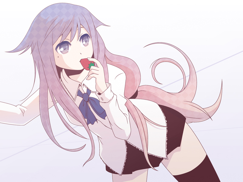 cpu (hexivision), 1girl, female focus, food, fruit, holding, holding food, holding fruit, long hair, mole, mole under eye, pink hair, ponytail, solo, strawberry, thighhighs