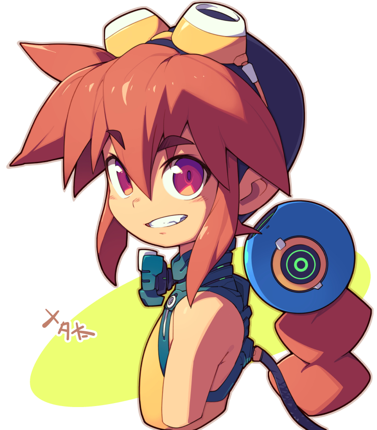 metata, korone (metata), original, commentary request, 1girl, braid, braided ponytail, brown hair, flat chest, goggles, goggles on head, looking at viewer, one-piece swimsuit, purple eyes, smile, solo, swimsuit, teeth