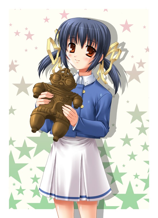 miyai sen, sunohara mei, clannad, 00s, 1girl, black hair, blazer, blue hair, blush, buttons, doguu, female focus, jacket, long sleeves, looking at viewer, miniskirt, pleated skirt, red eyes, short hair, short twintails, skirt, smile, solo, standing, star (symbol), star symbol background, statue, twintails, white skirt