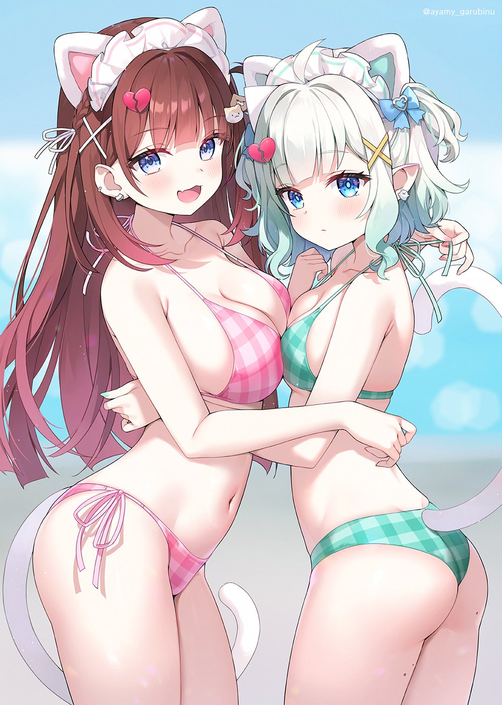 ayamy, ayamy (vtuber), mint fantome, indie virtual youtuber, commentary, english commentary, highres, 2girls, :3, :d, ahoge, animal ears, ass, bikini, blue eyes, blunt bangs, blurry, blurry background, braid, breasts, broken heart, brown hair, cat ears, cat hair ornament, cat tail, cleavage, day, fang, gingham bikini, gradient hair, green hair, hair ornament, hairclip, halterneck, heart, heart hair ornament, large breasts, long hair, looking at viewer, maid headdress, mole, mole on ass, mole on thigh, multicolored hair, multiple girls, navel, open mouth, outdoors, pink bikini, pointy ears, short hair, side-tie bikini bottom, skin fang, smile, stomach, string bikini, swimsuit, tail, two side up, virtual youtuber, white hair, white headdress, x hair ornament