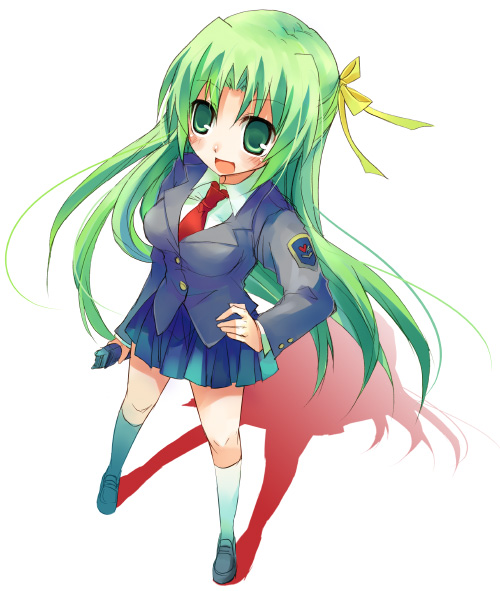 suzushiro kurumi, sonozaki shion, higurashi no naku koro ni, 00s, 1girl, bow, electroshock weapon, female focus, green eyes, green hair, hair bow, half updo, less-than-lethal weapon, long hair, matching hair/eyes, school uniform, serafuku, shadow, socks, solo, standing, stun gun