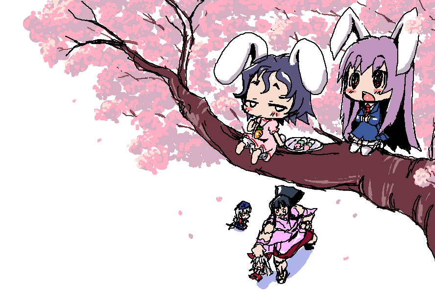 baku taso, itigekimaru, fujiwara no mokou, houraisan kaguya, inaba tewi, reisen udongein inaba, yagokoro eirin, touhou, 6+girls, animal ears, chibi, everyone, female focus, multiple girls, rabbit ears