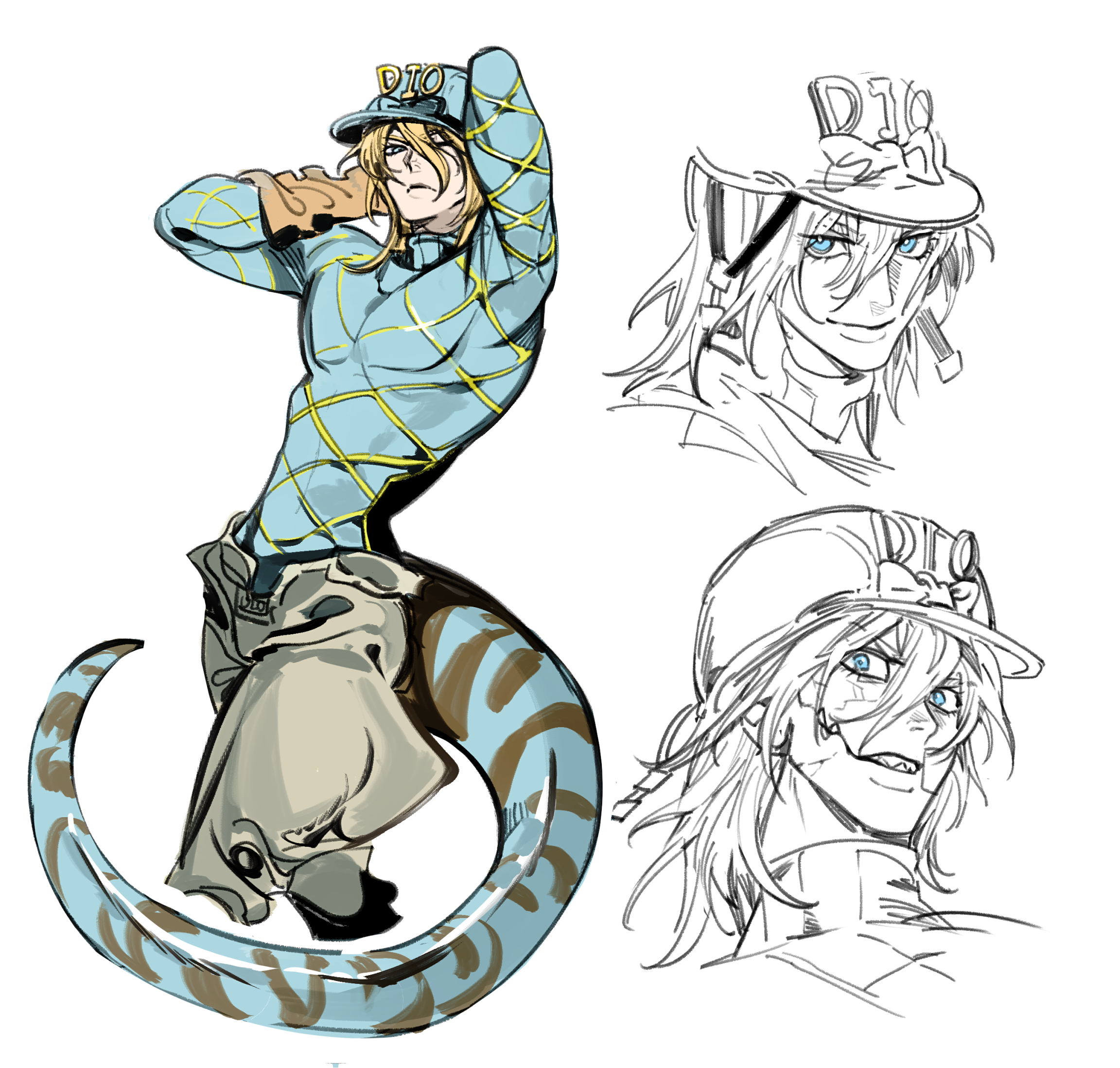diego brando, scary monsters (stand), stand (jojo), jojo no kimyou na bouken, steel ball run, hashtag-only commentary, highres, 1boy, argyle clothes, argyle sweater, arm behind head, arms behind head, blonde hair, blue bow, blue eyes, blue helmet, blue sweater, bow, closed mouth, cracked skin, dinosaur tail, gloves, grey pants, hair between eyes, helmet, long sleeves, looking at viewer, male focus, medium hair, multiple views, nonomi106, orange gloves, pants, partially colored, slit pupils, smile, sweater, tail, teeth, turtleneck, turtleneck sweater, white background