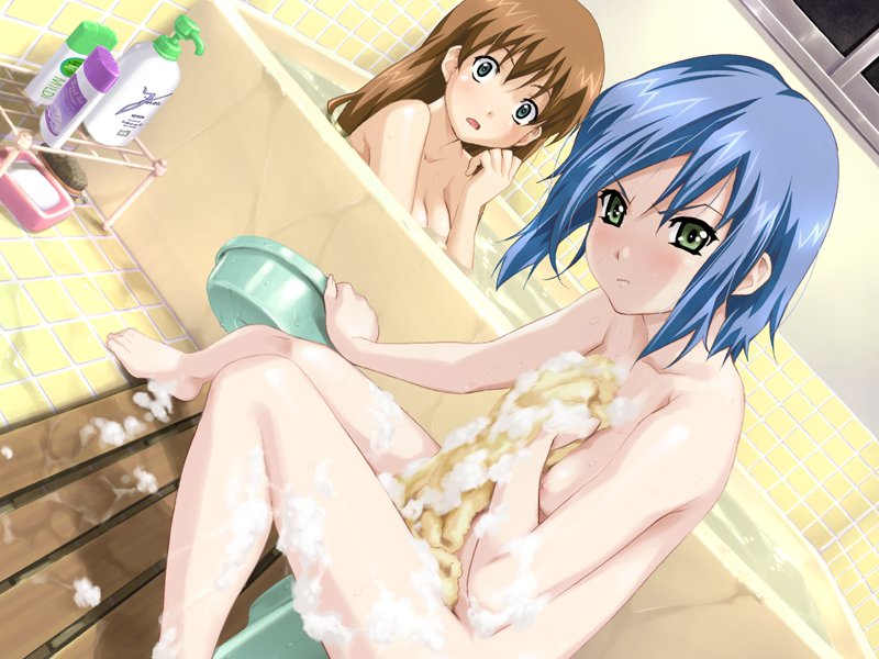 happoubi jin, amamiya momona, koromogae maya, resort boin, game cg, >:|, 00s, 2girls, :o, :|, angry, aqua eyes, bar soap, bath, bath stool, bathing, bathtub, blue hair, blush, bottle, breasts, brown eyes, brown hair, cleavage, closed mouth, covering breasts, covering privates, dutch angle, female focus, green eyes, holding, indoors, loli, long hair, looking at viewer, multiple girls, night, nipples, nude, nude cover, open mouth, partially submerged, same-sex bathing, shared bathing, short hair, sitting, small breasts, soap, soap bubbles, stool, surprised, tile floor, tile wall, tiles, towel, v-shaped eyebrows, washbowl, water, wet, wide-eyed, window, wooden floor