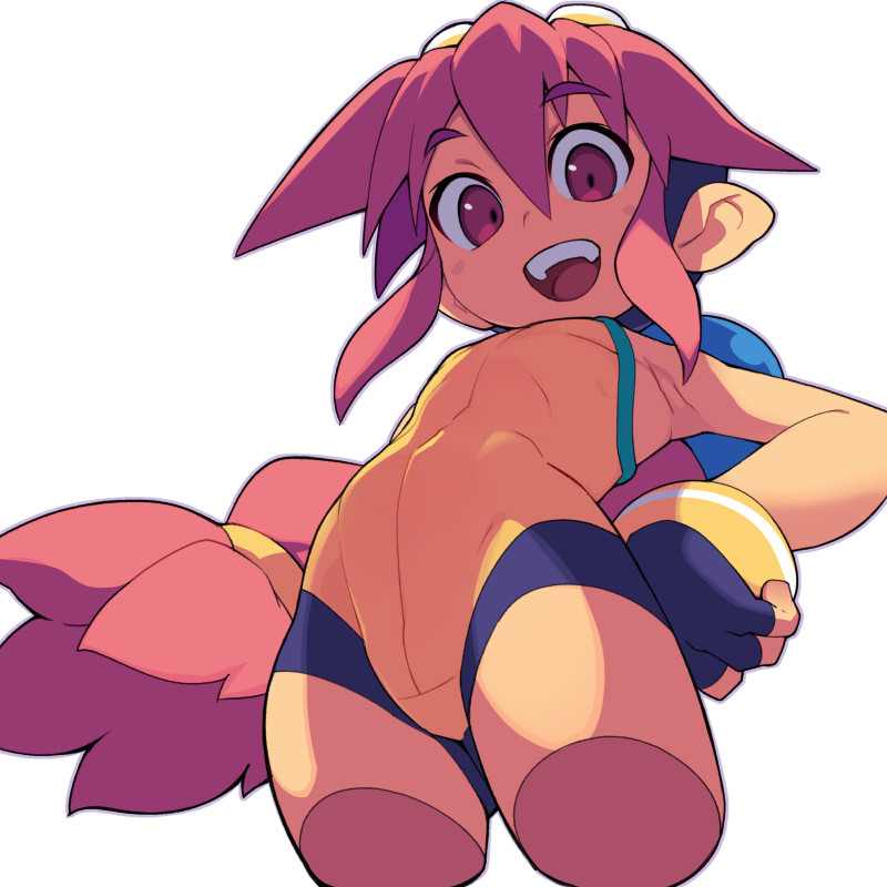 metata, korone (metata), original, 1girl, braid, braided ponytail, cropped legs, fingerless gloves, flat chest, from below, gloves, groin, long hair, looking at viewer, one-piece swimsuit, open mouth, pink hair, pointy ears, red eyes, smile, solo, swimsuit