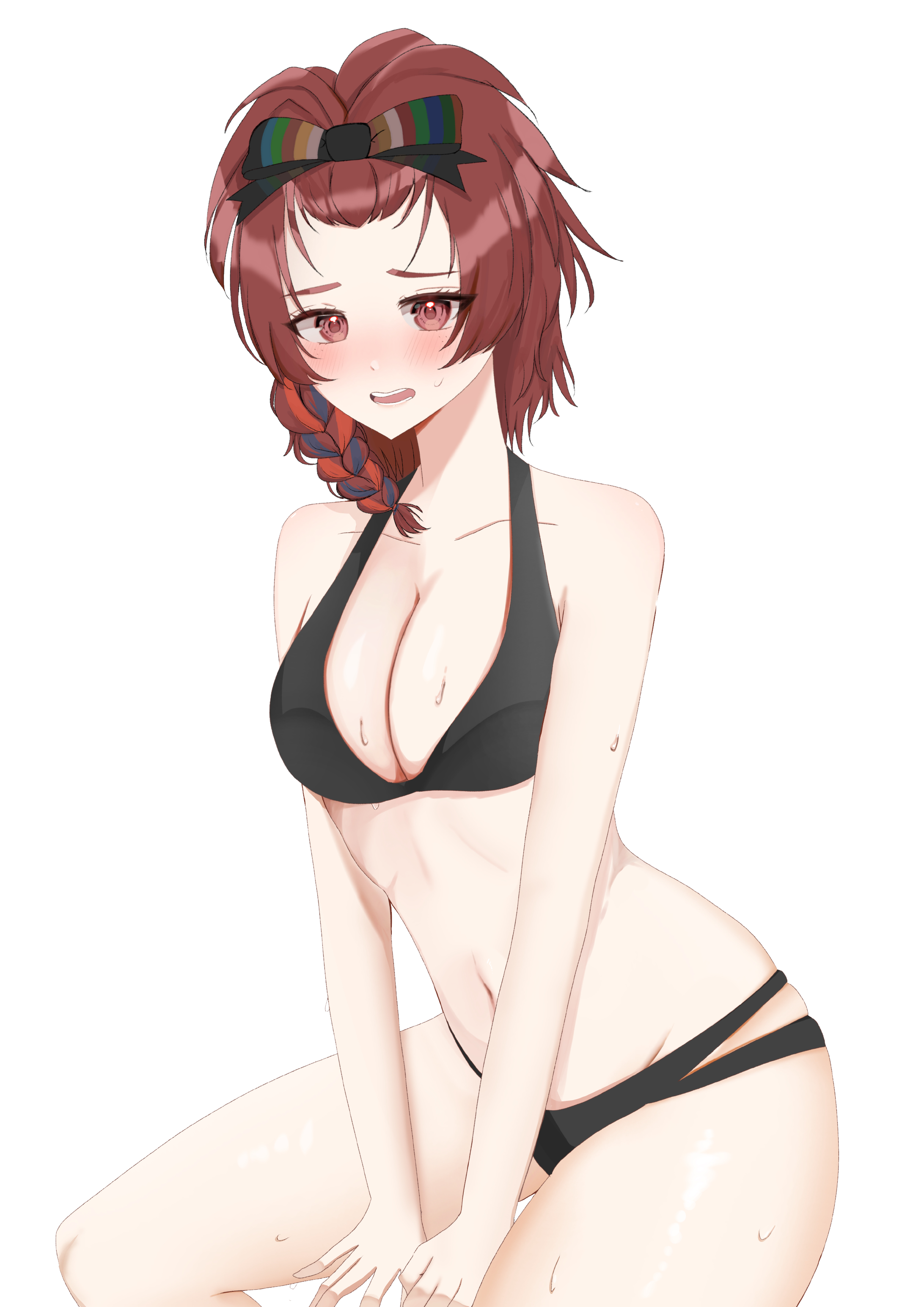 rame (kxyd3388), chixia (wuthering waves), wuthering waves, absurdres, commentary request, highres, 1girl, bangs pinned back, bare shoulders, between legs, bikini, black bikini, blush, bow, braid, breasts, cleavage, collarbone, forehead, groin, hair bow, hand between legs, long hair, looking at viewer, medium breasts, navel, nose blush, open mouth, red eyes, red hair, side braid, sidelocks, simple background, sitting, solo, stomach, sweat, swimsuit, teeth, white background