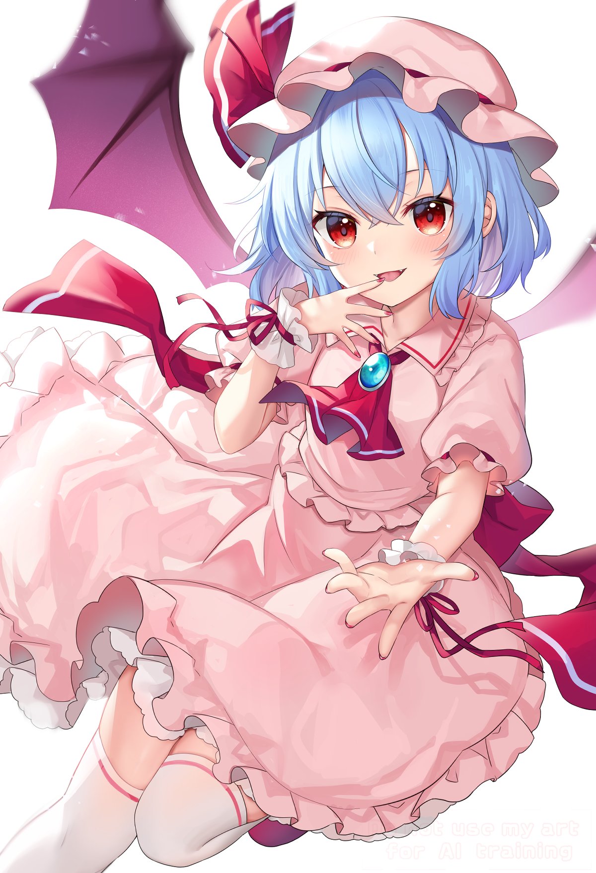 ruhika, remilia scarlet, touhou, highres, 1girl, :d, ascot, bat wings, blue hair, brooch, collared shirt, fangs, frilled shirt collar, frilled skirt, frills, hat, jewelry, looking at viewer, mob cap, open mouth, pink hat, pink skirt, puffy short sleeves, puffy sleeves, reaching, reaching towards viewer, red ascot, red eyes, red nails, shirt, short hair, short sleeves, simple background, skirt, smile, solo, thighhighs, white background, white thighhighs, wings, wrist cuffs