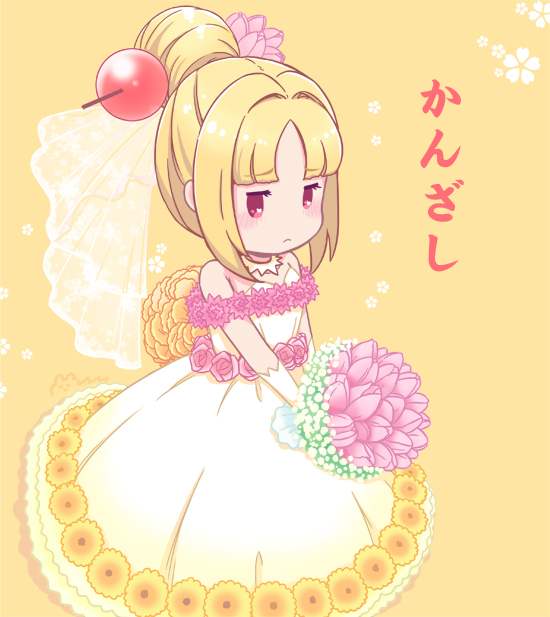 mizuki maya, original, commentary request, 1girl, bare shoulders, blonde hair, bouquet, dress, flower, frown, hair bun, hair flower, hair intakes, hair ornament, heart, heart in eye, holding, holding bouquet, kanzashi, kanzashi (food), parted bangs, personification, pink eyes, pink flower, pink rose, pink tulip, rose, short hair, sidelocks, single hair bun, solo, strapless, strapless dress, symbol in eye, tulip, white dress