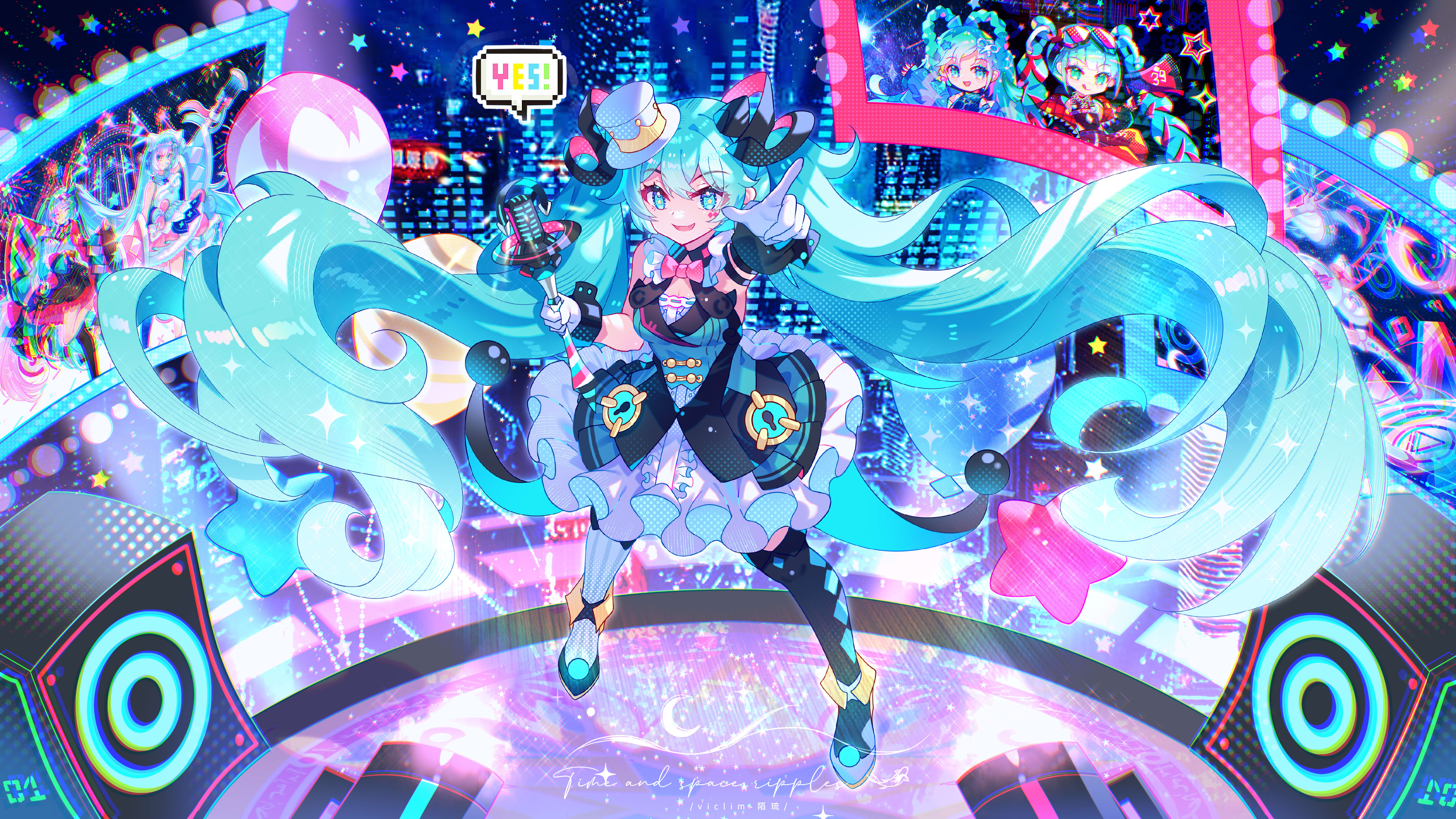 viclim-monou, hatsune miku, magical mirai miku, magical mirai miku (2019), magical mirai miku (2020 summer), magical mirai miku (2020 winter), magical mirai miku (2023), magical mirai miku (2025), magical mirai (vocaloid), vocaloid, absurdres, highres, 5girls, aqua dress, aqua hair, asymmetrical legwear, black thighhighs, bow, braid, braided hair rings, breasts, detached hair, dress, full body, gloves, hair between eyes, hair ornament, hair rings, hat, holding, holding microphone stand, hoop skirt, index finger raised, long hair, looking at viewer, medium breasts, microphone, microphone stand, mini hat, mini top hat, multicolored hair, multiple girls, official alternate costume, official alternate hairstyle, open mouth, pink bow, red hair, smile, thighhighs, top hat, twintails, very long hair, white gloves, white hat, white thighhighs, wrist cuffs