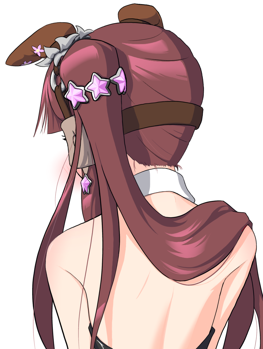 namuu250bunbun, lucky lilac (umamusume), umamusume, 1girl, alternate costume, animal ears, bare shoulders, blush, brown hair, detached collar, fake animal ears, from behind, hair over one eye, horse girl, leotard, long hair, playboy bunny, rabbit ears, side ponytail, simple background, solo, white background