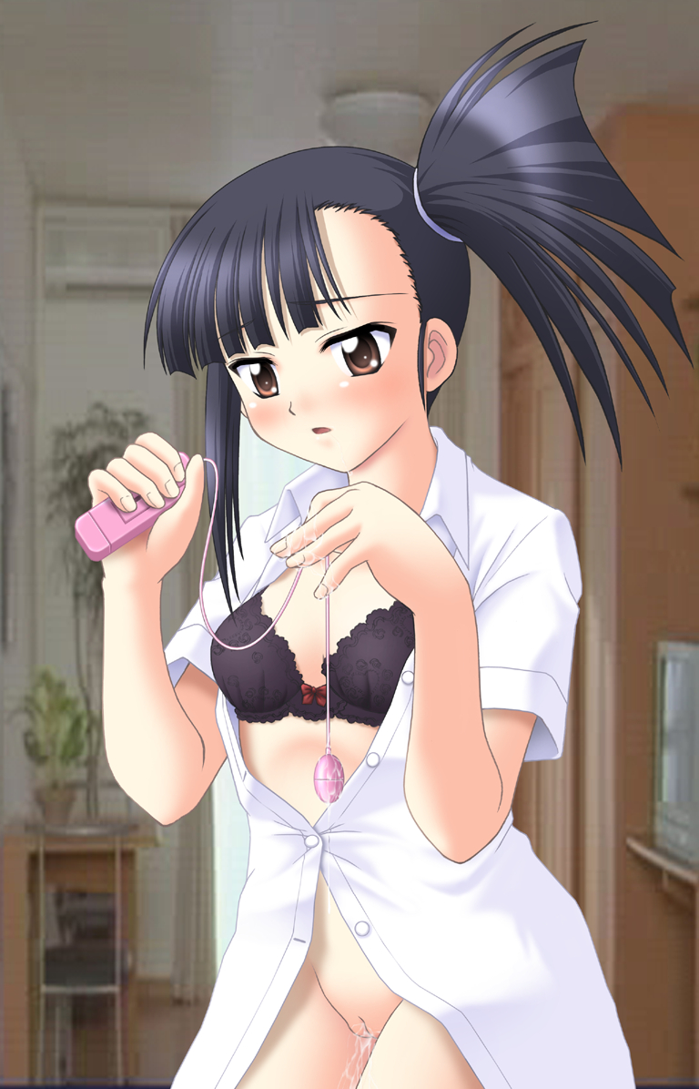 count zero, sakurazaki setsuna, mahou sensei negima!, 00s, 1girl, black hair, bottomless, bra, brown eyes, dress shirt, egg vibrator, female focus, lingerie, no panties, open clothes, open shirt, pussy, sex toy, shirt, side ponytail, solo, uncensored, underwear, vibrator