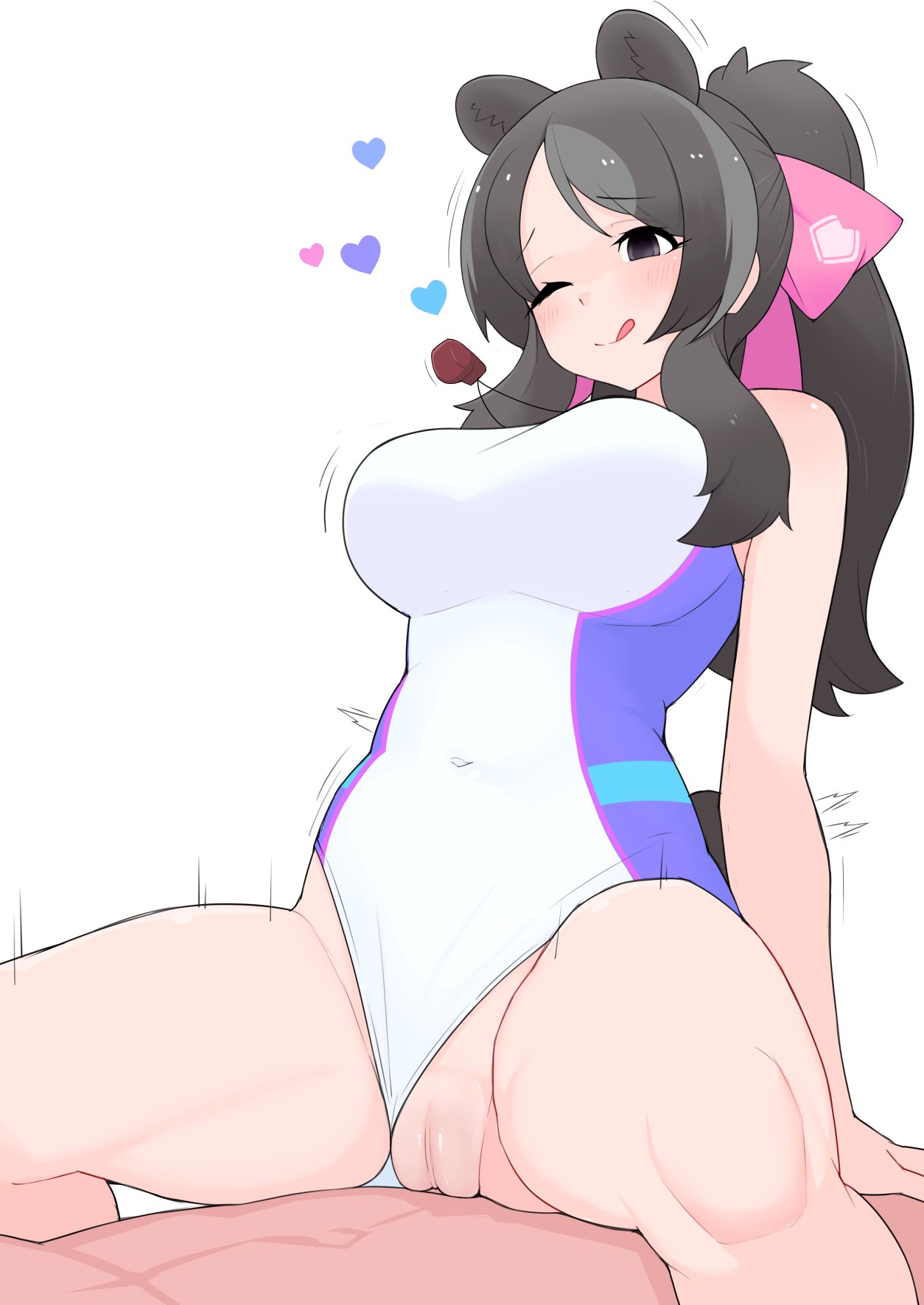 illu (illu stratos), bergman's bear (kemono friends), ezo brown bear (kemono friends), kemono friends, commentary, highres, symbol-only commentary, 1boy, 1girl, :q, animal ears, bear ears, bear girl, blush, bow, breasts, closed mouth, clothing aside, cowboy shot, cowgirl position, girl on top, grey eyes, grey hair, hair bow, heart, hetero, large breasts, lifeguard, long hair, looking at viewer, one-piece swimsuit, one eye closed, pink bow, pussy, sex, simple background, smile, solo focus, straddling, swimsuit, swimsuit aside, tongue, tongue out, uncensored, whistle, whistle around neck, white background, white one-piece swimsuit