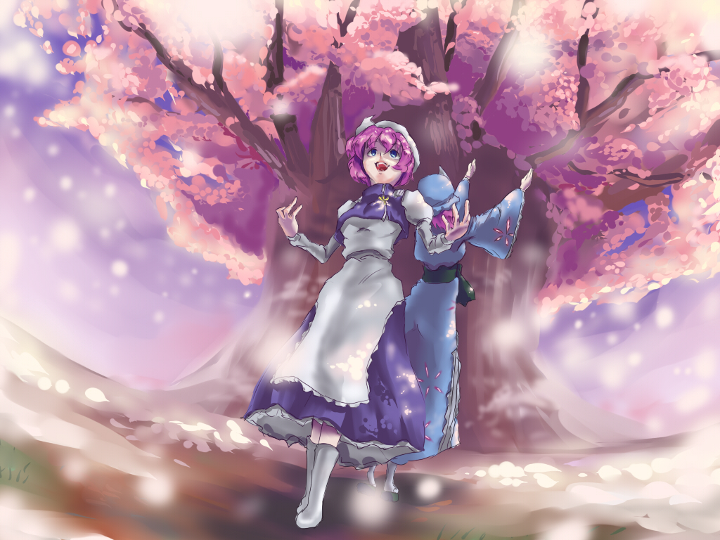 aryus, letty whiterock, saigyou ayakashi, saigyouji yuyuko, perfect cherry blossom, touhou, bad id, bad pixiv id, 2girls, blue eyes, cherry blossoms, female focus, hat, multiple girls, purple hair, snow