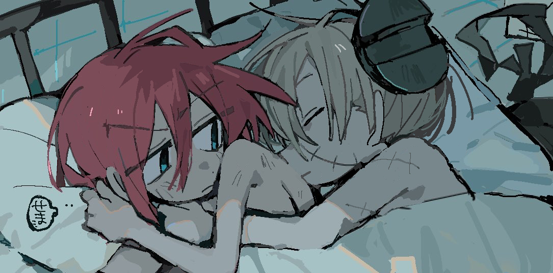 hayotukiaeya, franken stein (soul eater), spirit albarn, soul eater, 2boys, blanket, blue eyes, closed eyes, cuddling, grey hair, multiple boys, object through head, pillow, red hair, screw in head, shared bed, shared blanket, stitched face, stitches, under covers, v-shaped eyebrows, yaoi