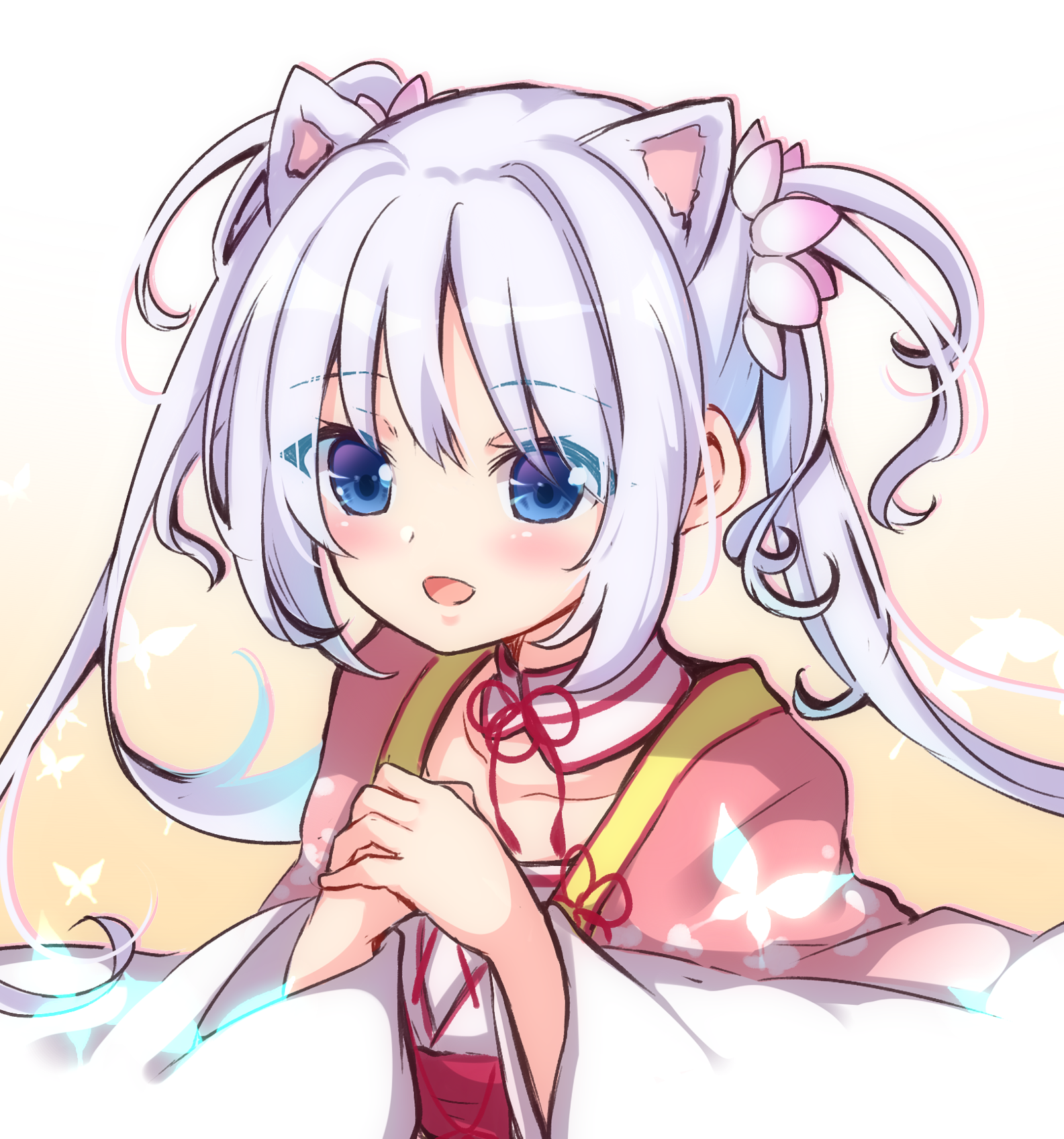 gattengou, tomotake yoshino, senren banka, commentary request, highres, 1girl, :d, animal ears, blue butterfly, blue eyes, blush, bug, butterfly, collarbone, detached collar, extra ears, eyes visible through hair, flower, glowing butterfly, gradient background, hair between eyes, hair flower, hair ornament, hands up, insect, japanese clothes, kimono, long hair, long sleeves, looking at viewer, nontraditional miko, open mouth, own hands together, pink flower, pink kimono, sidelocks, simple background, smile, solo, twintails, two-tone kimono, upper body, white hair, white kimono, wide sleeves, wolf ears, yellow background