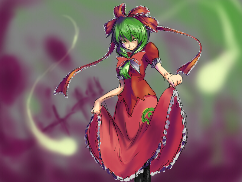 aryus, kagiyama hina, touhou, bad id, bad pixiv id, 1girl, bow, cowboy shot, dress, female focus, floating, frills, front ponytail, ghost, green eyes, green hair, hair bow, hitodama, looking at viewer, looking down, matching hair/eyes, puffy short sleeves, puffy sleeves, red bow, red dress, shawl, short sleeves, skirt hold, solo, standing