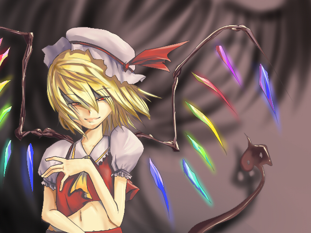 aryus, flandre scarlet, touhou, bad id, bad pixiv id, 1girl, ascot, blonde hair, bow, closed mouth, crystal, different shadow, female focus, floating hair, hair between eyes, hat, hat bow, hat ribbon, laevatein, looking at viewer, mob cap, navel, puffy short sleeves, puffy sleeves, red eyes, red ribbon, ribbon, shadow, short hair, short sleeves, smile, solo, stomach, upper body, white hat, wings