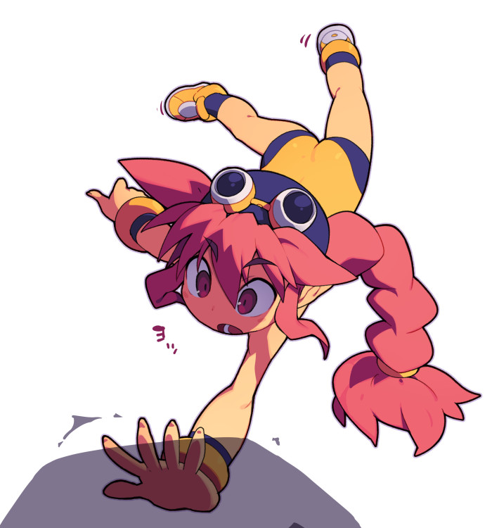 metata, korone (metata), original, 1girl, braid, braided ponytail, full body, goggles, goggles on head, handstand, long hair, one-piece swimsuit, one arm handstand, open mouth, pink hair, red eyes, solo, swimsuit