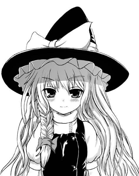 mitsuki yuuya, kirisame marisa, touhou, 1girl, braid, female focus, greyscale, hat, monochrome, side braid, simple background, solo, upper body, white background