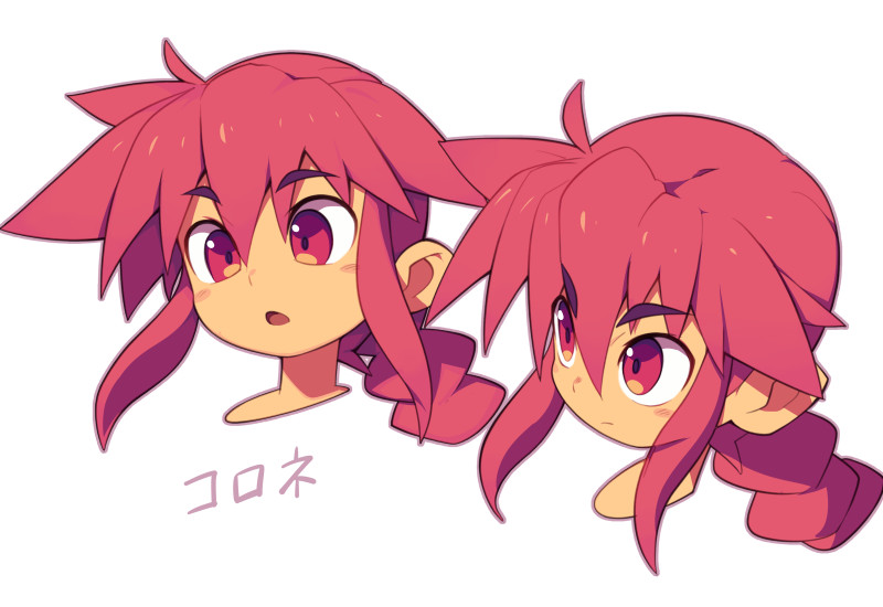 metata, korone (metata), original, 1girl, braid, braided ponytail, head only, long hair, looking to the side, multiple views, open mouth, red eyes, red hair