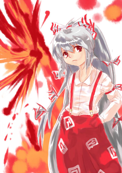 ryuusuitei, sakana (ryuusui-tei), fujiwara no mokou, touhou, silver hair, 1girl, collarbone, female focus, fire, hands in pockets, head tilt, long hair, long sleeves, looking at viewer, pants, simple background, solo, standing, suspenders, very long hair, white background