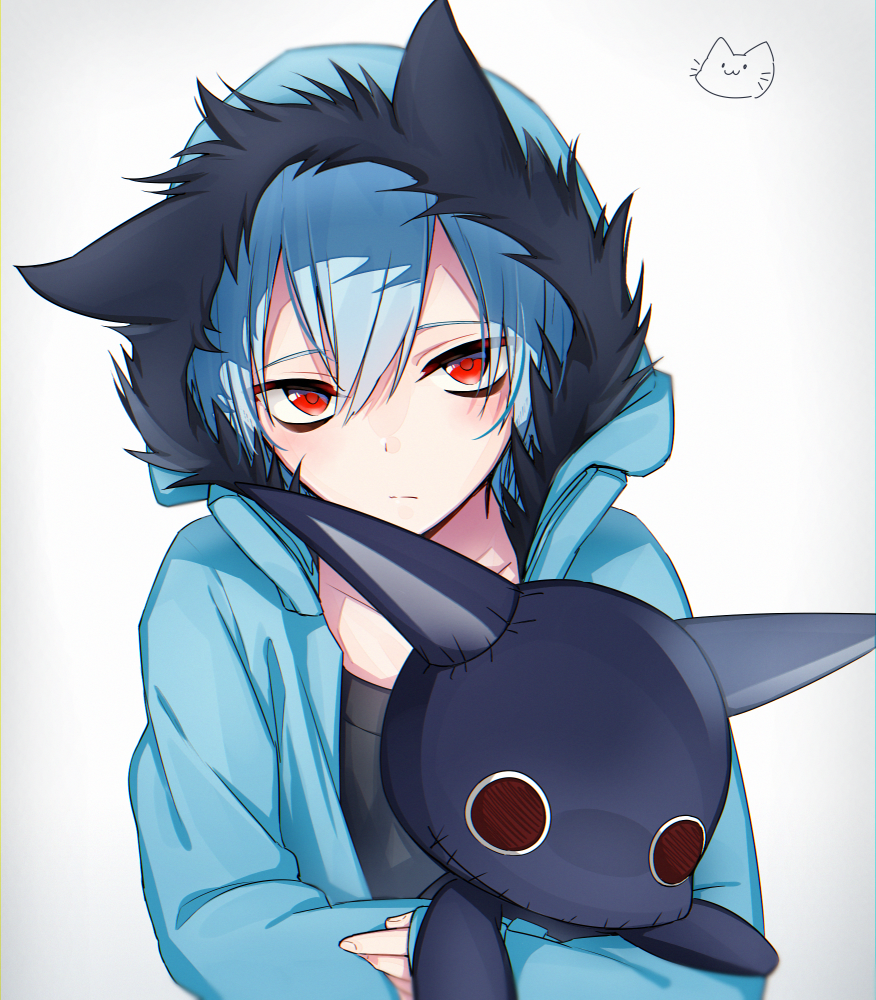 aam09212, servamp, 1boy, bags under eyes, blue hair, coat, fur-trimmed coat, fur trim, holding, holding stuffed toy, male focus, red eyes, short hair, sleepy ash, stuffed toy, white background