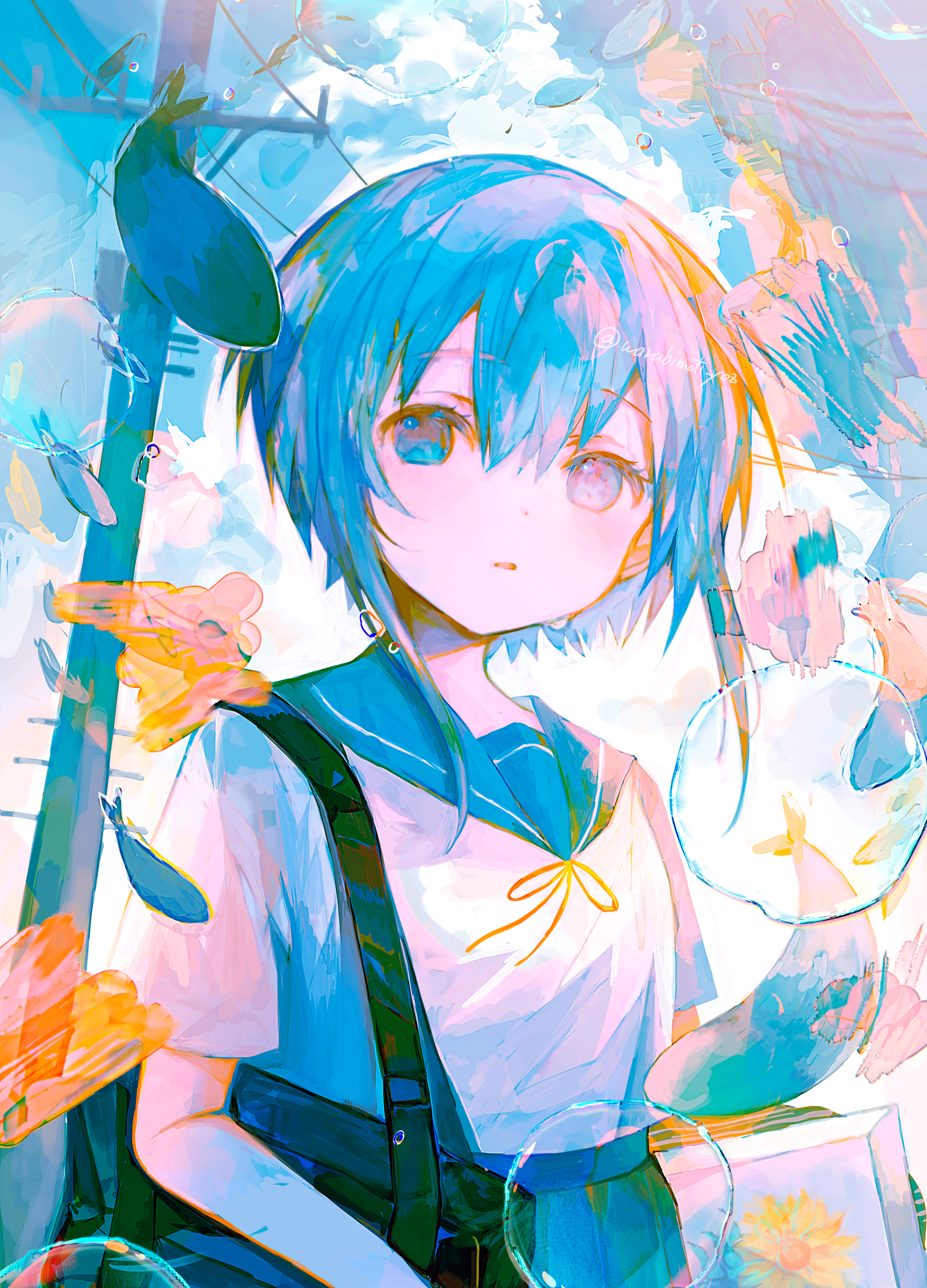 irodori warabi, original, absurdres, commentary request, highres, 1girl, bag, blue eyes, blue hair, blue sailor collar, blue skirt, bubble, day, hair between eyes, looking at viewer, neck ribbon, open mouth, outdoors, pleated skirt, power lines, red ribbon, ribbon, sailor collar, school bag, school uniform, serafuku, shirt, short hair, short sleeves, skirt, solo, twitter username, upper body, white shirt