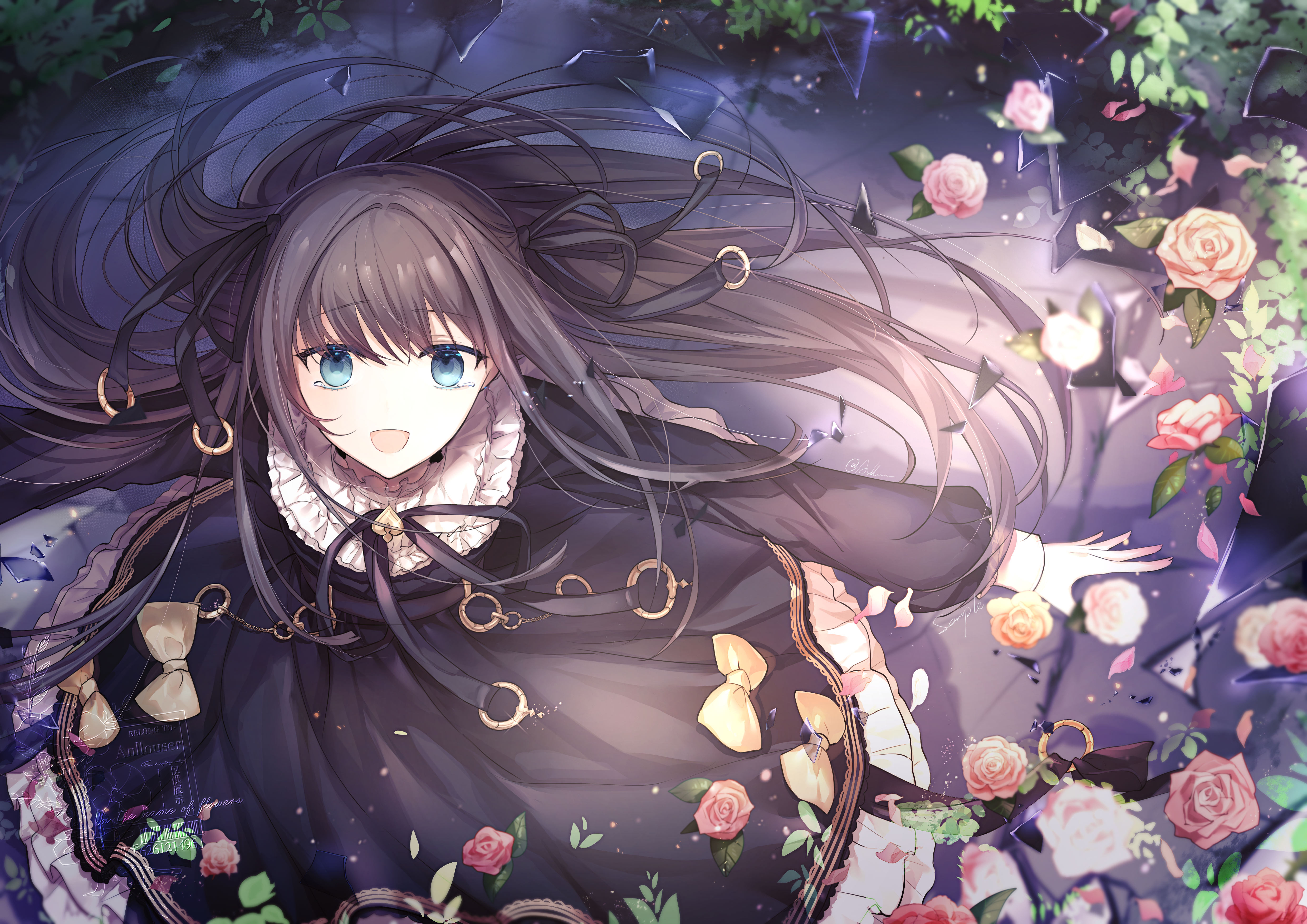 anllouser, tairitsu (arcaea), tairitsu (axium) (arcaea), arcaea, absurdres, highres, 1girl, black dress, black hair, black ribbon, blue eyes, bow, dress, flower, frilled dress, frilled shirt collar, frills, from above, hair intakes, hair ribbon, jewelry, long hair, long sidelocks, long sleeves, pink flower, pink rose, print dress, ribbon, ring, rose, sidelocks, solo, very long hair, yellow bow