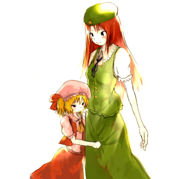yae (mono110), flandre scarlet, hong meiling, embodiment of scarlet devil, touhou, 2girls, ascot, beret, blonde hair, cowboy shot, dress, female focus, green dress, hat, height difference, hug, long hair, mob cap, multiple girls, neck ribbon, puffy short sleeves, puffy sleeves, red dress, red eyes, red hair, ribbon, short hair, short sleeves, side ponytail, simple background, star (symbol), very long hair, white background