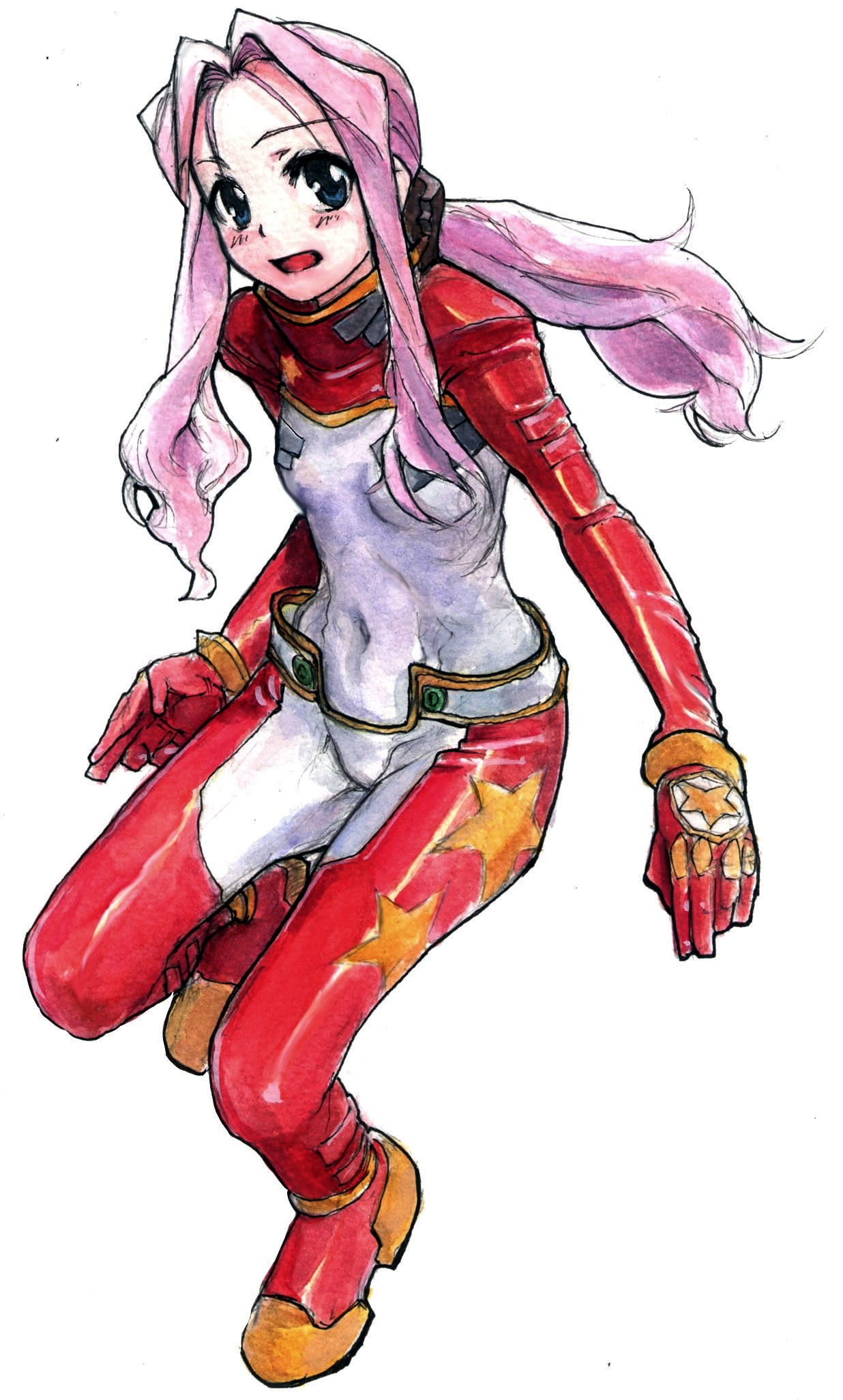 taishi (artist), taishi (picchiridou), darry adai, tengen toppa gurren lagann, uniform, bad id, bad pixiv id, highres, 00s, 1girl, :d, blue eyes, blush, bodysuit, covered navel, female focus, full body, gloves, long hair, looking at viewer, open mouth, pink hair, red gloves, simple background, skin tight, smile, solo, white background