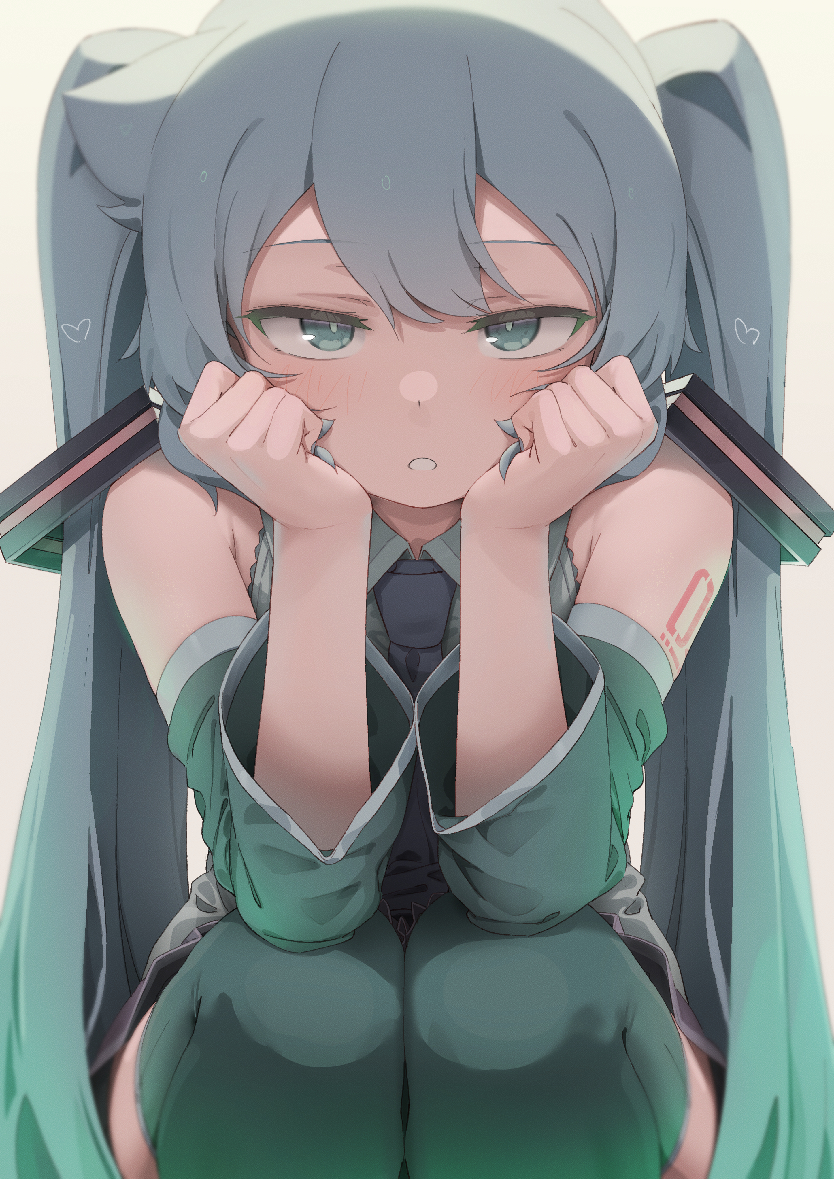 abmayo, hatsune miku, vocaloid, absurdres, highres, 1girl, bare shoulders, black skirt, black sleeves, black thighhighs, blue eyes, blue hair, collared shirt, detached sleeves, grey shirt, hair between eyes, hair ornament, hands up, heart, long hair, looking at viewer, miniskirt, necktie, parted lips, shirt, skirt, sleeveless, sleeveless shirt, solo, thighhighs, twintails