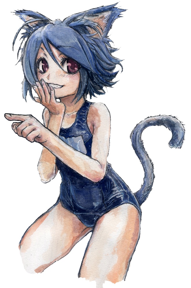 taishi (artist), taishi (picchiridou), original, bad id, bad pixiv id, 1girl, animal ears, cat ears, cat tail, female focus, one-piece swimsuit, school swimsuit, solo, swimsuit, tail