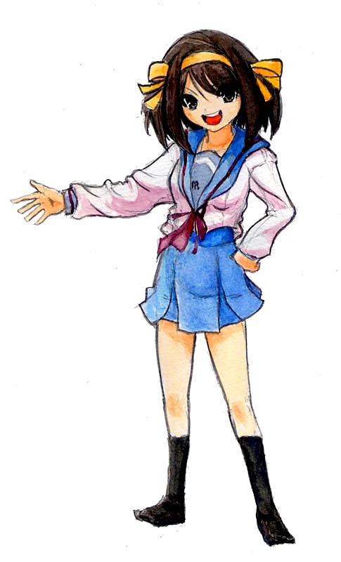 taishi (artist), taishi (picchiridou), suzumiya haruhi, suzumiya haruhi no yuuutsu, bad id, bad pixiv id, 00s, 1girl, :d, black socks, blue skirt, brown eyes, brown hair, collarbone, female focus, hairband, kneehighs, long sleeves, looking at viewer, neckerchief, open mouth, shirt, simple background, skirt, smile, socks, solo, standing, white background, white shirt