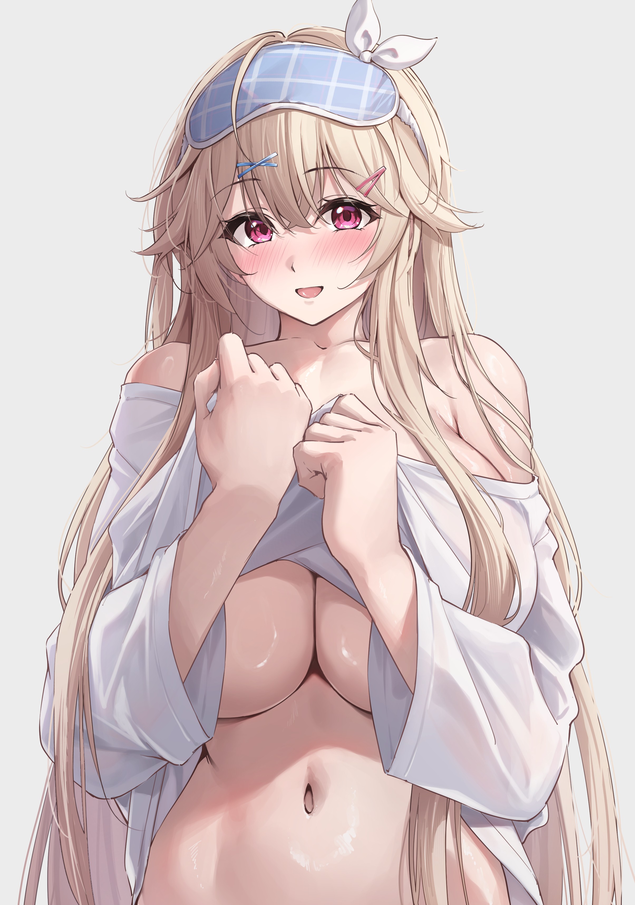 rebutsu, anchorage (azur lane), anchorage (sweet evening milk) (azur lane), azur lane, absurdres, highres, 1girl, :d, bare shoulders, blonde hair, breasts, eye mask, hair ornament, hairclip, large breasts, long hair, long sleeves, looking at viewer, navel, off shoulder, official alternate costume, open mouth, pink eyes, simple background, smile, solo, upper body, white background