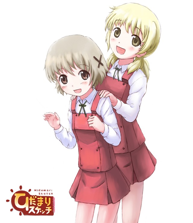 unyagi, miyako (hidamari sketch), yuno (hidamari sketch), hidamari sketch, bad id, bad pixiv id, 00s, 2girls, :d, blonde hair, blush, brown hair, cowboy shot, dress, hair ornament, head tilt, long sleeves, looking at viewer, multiple girls, open mouth, red dress, smile, standing, x hair ornament