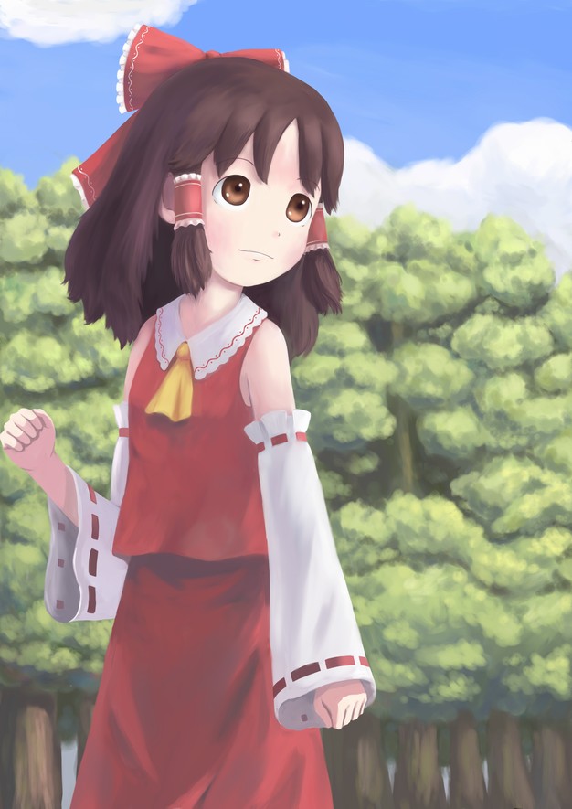 unyagi, hakurei reimu, imperishable night, touhou, bad id, bad pixiv id, 1girl, brown eyes, brown hair, female focus, flat chest, forest, nature, outdoors, plant, skirt, sky, solo