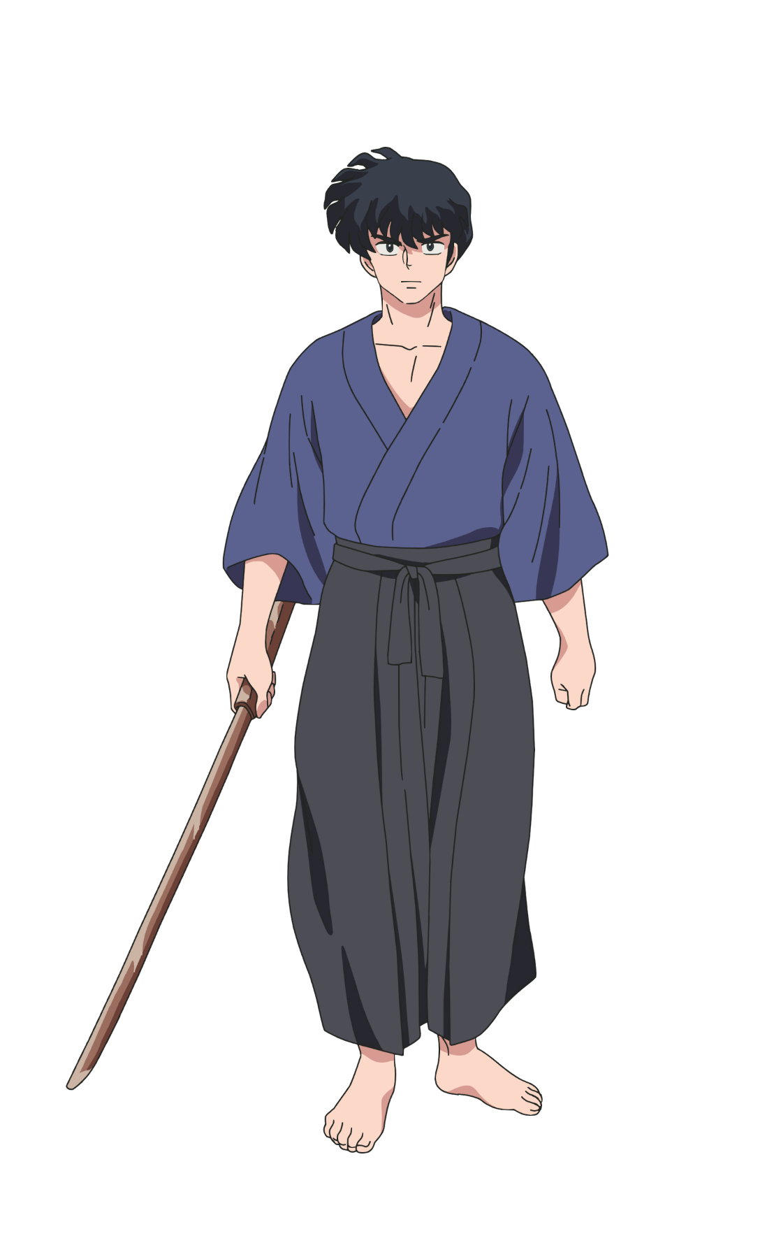 taniguchi hiromi, kunou tatewaki, ranma 1/2, highres, official art, 1boy, anime coloring, barefoot, black eyes, black hair, black hakama, black sash, blue dougi, bokken, closed mouth, collarbone, dougi, full body, hakama, hakama pants, holding, holding sword, holding weapon, japanese clothes, looking at viewer, pants, sash, simple background, solo, standing, sword, tachi-e, thick eyebrows, three-quarter sleeves, transparent background, v-shaped eyebrows, weapon, wooden sword
