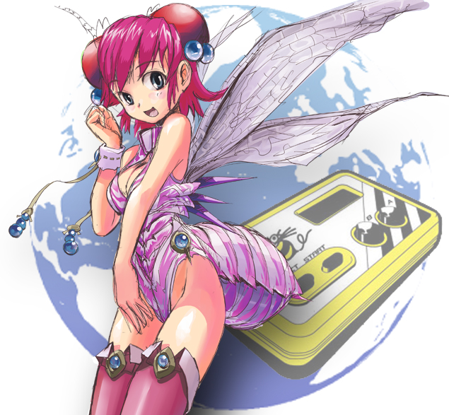karuta, karuta (karutazia), honey bee (bug-tte honey), takahashi meijin no bug-tte honey, 1girl, arthropod girl, bee, bee girl, blue eyes, boots, breasts, bug, cleavage, female focus, gem, insect, insect girl, leotard, monster girl, pink boots, pink hair, pink thighhighs, red hair, short hair, small breasts, smile, solo, thighhighs, wings