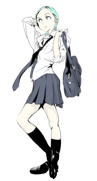 magomago, eureka (eureka seven), eureka seven, eureka seven (series), bad id, bad pixiv id, 00s, 1girl, bag, blue hair, female focus, full body, kneehighs, loafers, miniskirt, necktie, school bag, school uniform, serafuku, shoes, simple background, skirt, socks, solo
