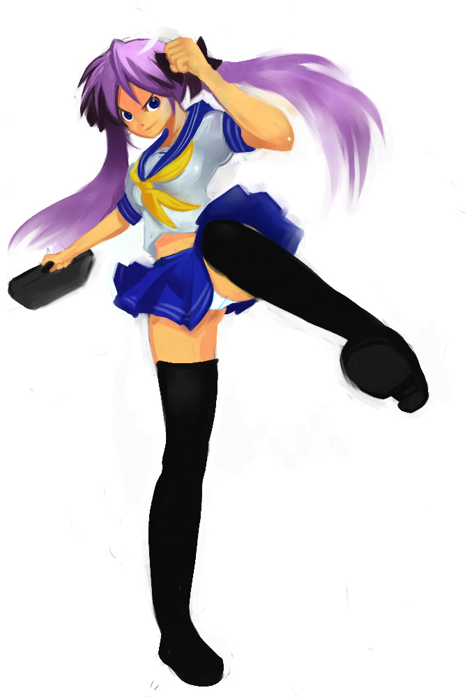 okera, hiiragi kagami, lucky star, 00s, 1girl, female focus, kicking, long hair, midriff, panties, panty peek, pleated skirt, purple hair, school uniform, serafuku, shoes, simple background, skirt, solo, thighhighs, twintails, underwear, white background, white panties