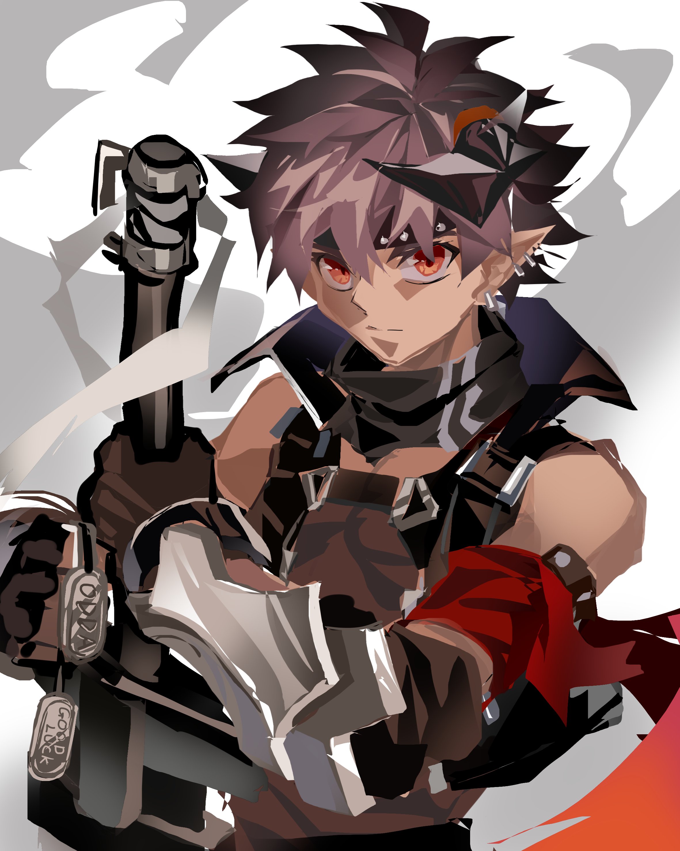 feimao (angelcat), odda (arknights), arknights, absurdres, highres, 1boy, armband, black gloves, black hair, black headband, black tank top, black vest, dark-skinned male, dark skin, demon boy, demon horns, ear piercing, fingerless gloves, gauntlets, gloves, headband, holding, holding weapon, horns, male focus, open clothes, open vest, piercing, pointy ears, red armband, red eyes, sleeveless, sleeveless vest, tank top, toned, toned male, vest, weapon