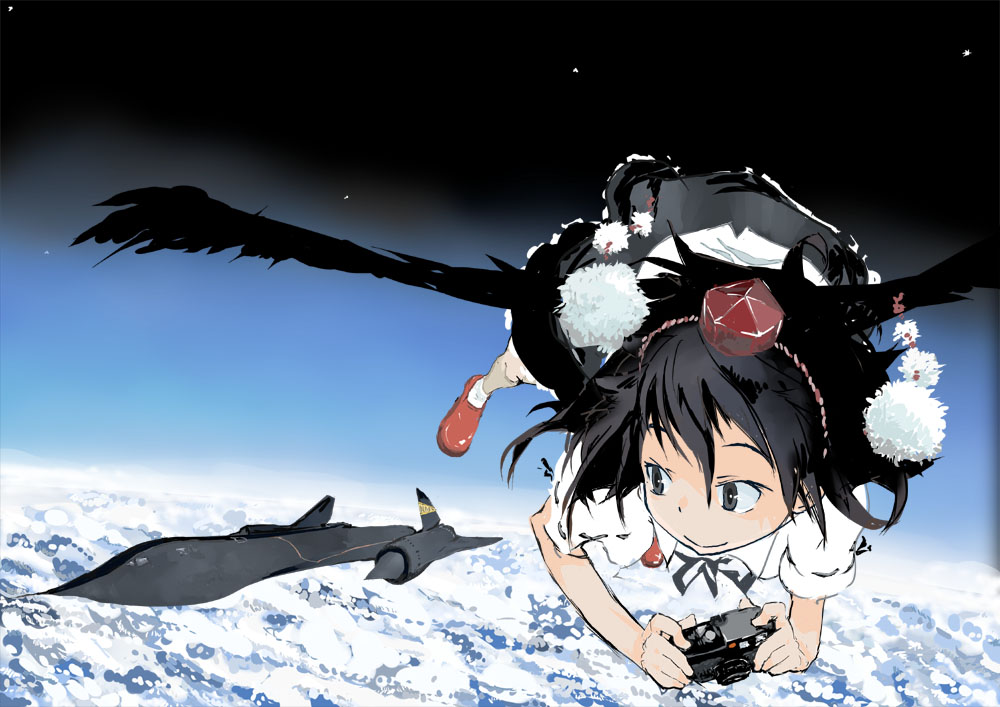 keisan, shameimaru aya, sr-71, touhou, looking away, 1girl, aircraft, airplane, black hair, black wings, brown eyes, camera, female focus, flying, foreshortening, hat, reconnaissance aircraft, short hair, solo, space, sr-71 blackbird, stealth, stealth aircraft, wings