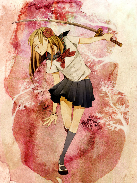 kajiwara shikaji, original, commentary, 1girl, bracelet, brown eyes, brown hair, female focus, flower, hair flower, hair ornament, jewelry, katana, kneehighs, legs, long hair, school uniform, serafuku, socks, solo, sword, weapon