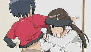 minami kana, minami touma, minami-ke, animated, animated gif, anime screenshot, lowres, 00s, 2girls, androgynous, black hair, blush, breasts, brown hair, clothes lift, flat chest, long hair, multiple girls, raglan sleeves, reverse trap, shirt lift, short hair, sideboob, tomboy, twintails